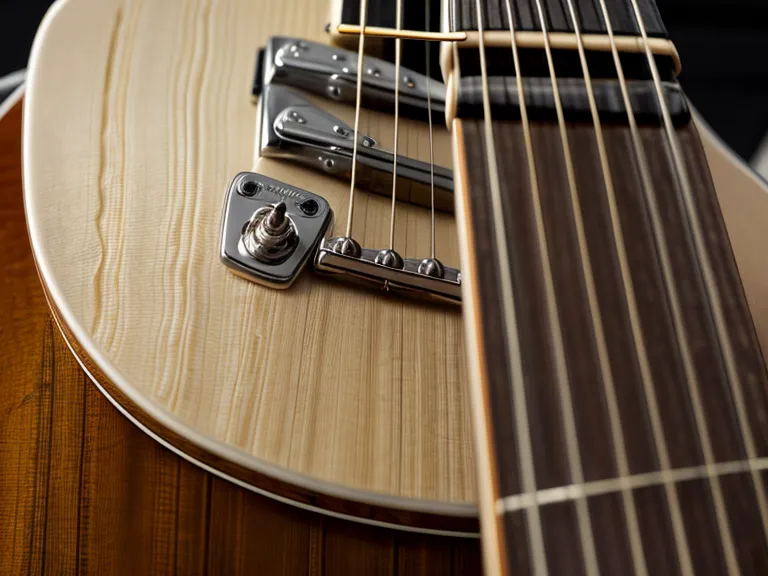 Cuerdas nuevas de bronce siendo enrolladas en el clavijero de la guitarra