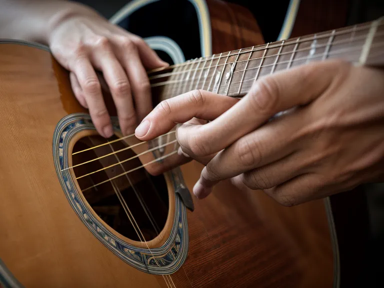 Guitarra acústica junto a una banca de madera, lista para acompañar música cristiana en la iglesia