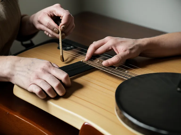 Guitarra acústica apoyada en una banca de madera dentro de una parroquia