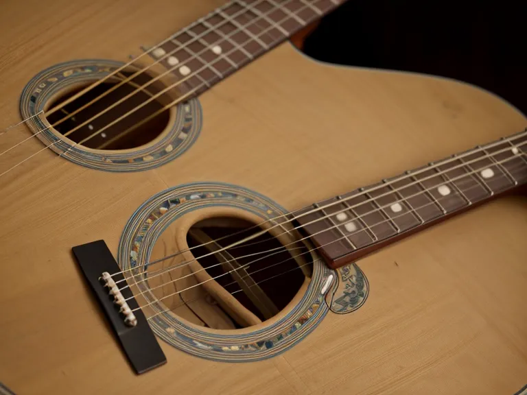 Primer plano de yemas de dedos rojas presionando cuerdas de acero de una guitarra.