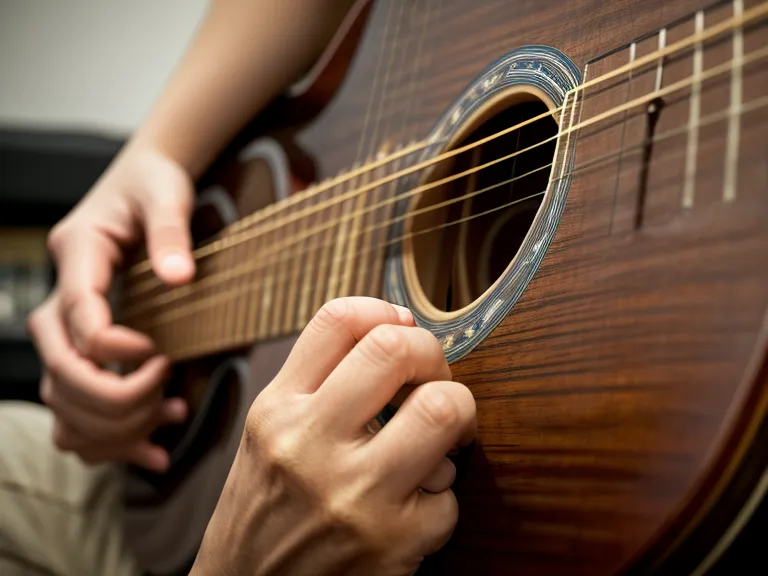 Guitarra acústica descansando en una banca de madera dentro de una iglesia parroquial.