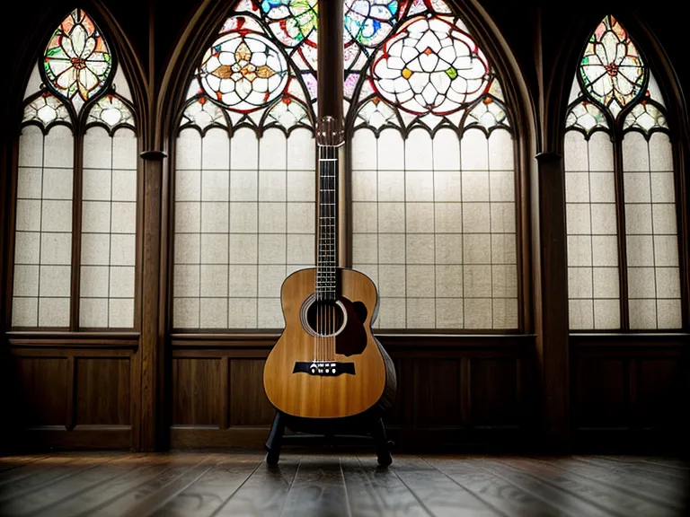 Guitarra acústica apoyada en una banca de iglesia de madera