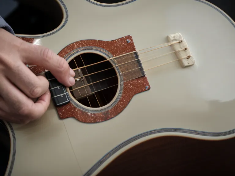 Primer plano de una mano rasgueando una guitarra acústica con polvo de púa