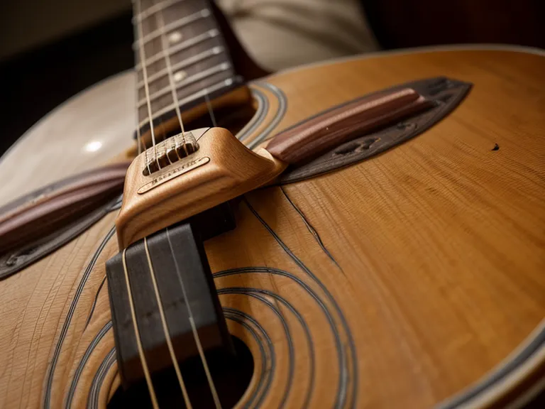 Mástil de guitarra en primer plano con el interior de una iglesia desenfocado